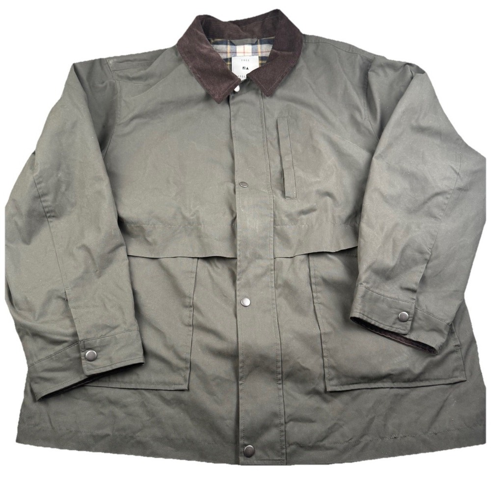 Free Assembly Men's 2XL Olive Waxed Field Jacket Barn Coat Corduroy Plaid Collar